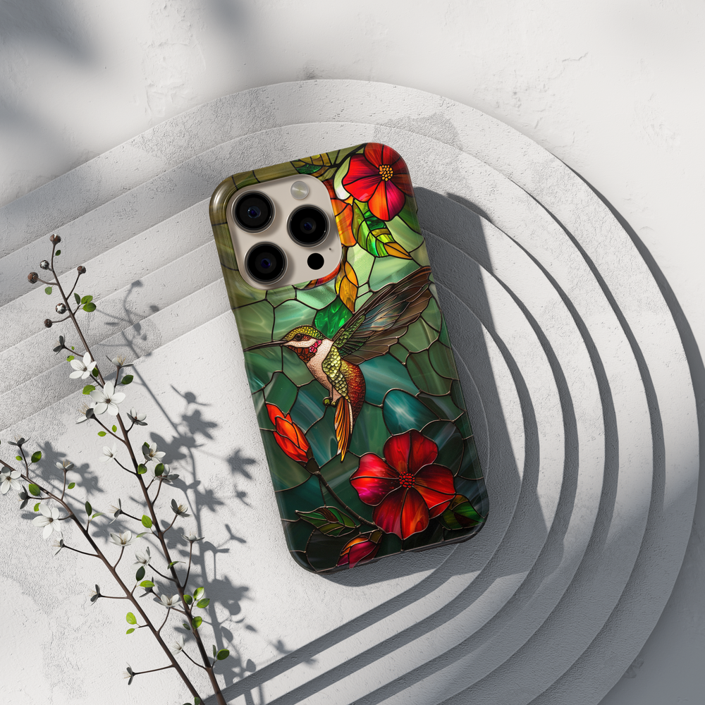 Verdyxa Noire emerald stained glass hummingbird iPhone case with red floral accents
