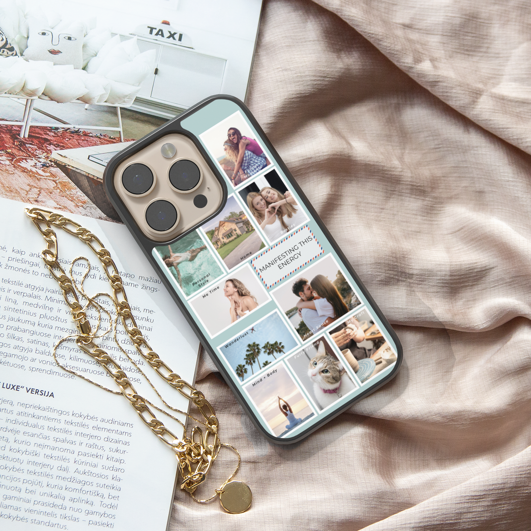 Custom photo collage phone case featuring romantic wedding images. Personalized iPhone or Samsung cover with 9-grid photo layout, perfect for newlyweds, anniversaries, or bridal gifts.