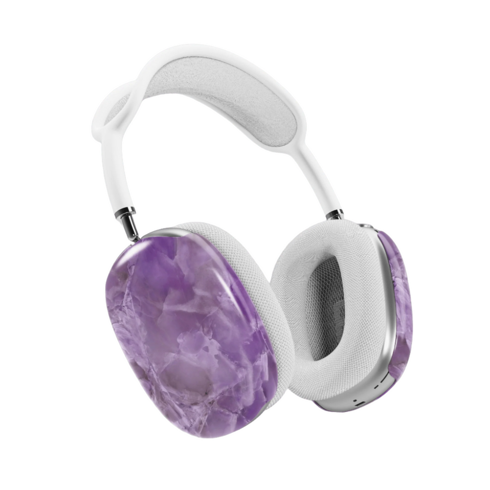 Purple marble AirPods Max cover with swirling stone texture, elegant and calming headphone skin for Apple AirPods Max, luxury aesthetic tech accessory.