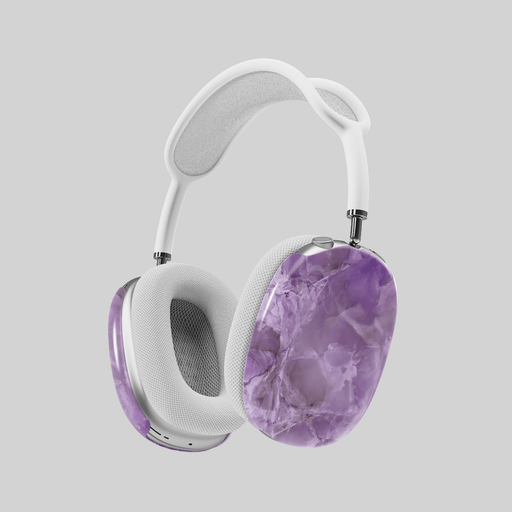 Purple marble AirPods Max cover with swirling stone texture, elegant and calming headphone skin for Apple AirPods Max, luxury aesthetic tech accessory.