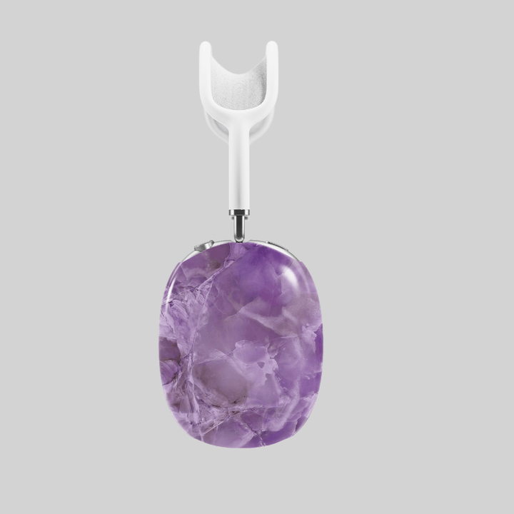 Purple marble AirPods Max cover with swirling stone texture, elegant and calming headphone skin for Apple AirPods Max, luxury aesthetic tech accessory.