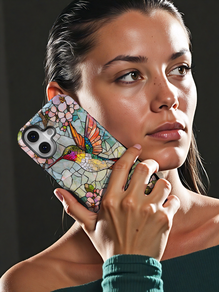 Stained glass hummingbird iPhone case with pastel flowers and mosaic background