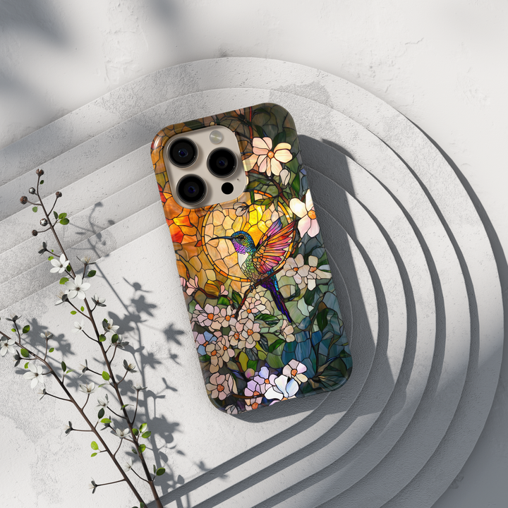 Stained Glass Hummingbird iPhone Case – Sunlit Floral Art Design