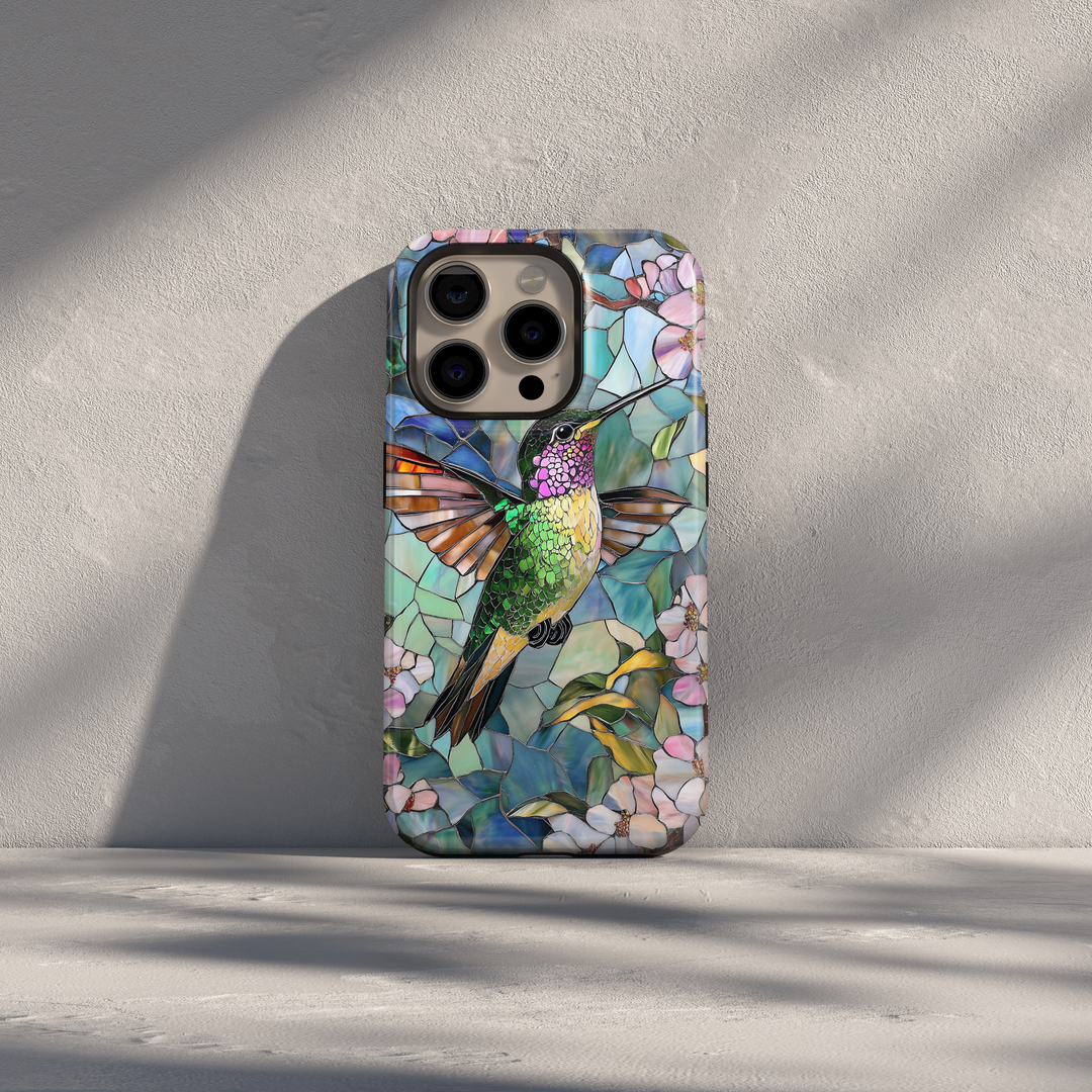 Stained glass hummingbird floral iPhone case with pastel garden design