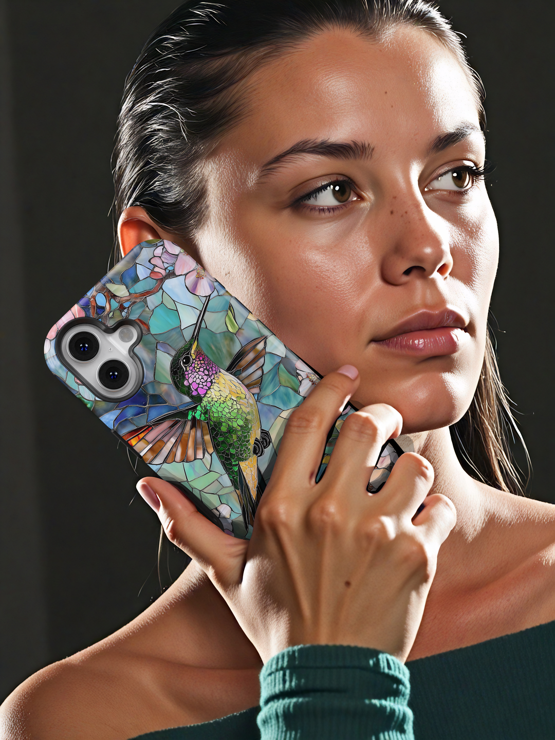 Stained glass hummingbird floral iPhone case with pastel garden design