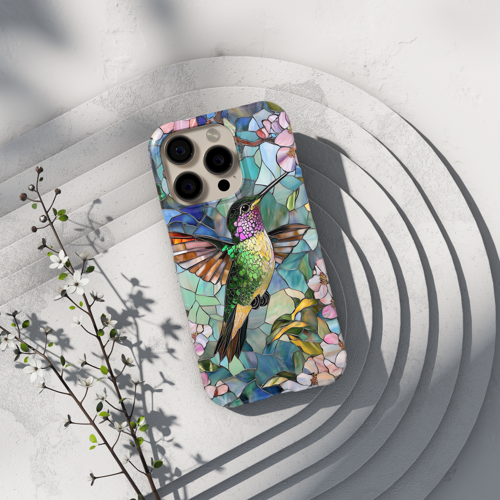 Stained glass hummingbird floral iPhone case with pastel garden design