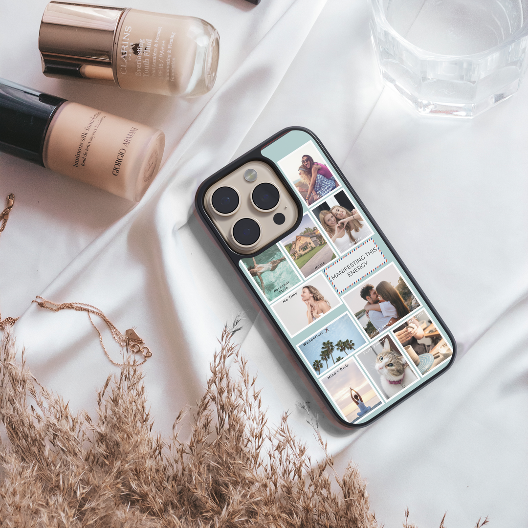 Custom photo collage phone case featuring romantic wedding images. Personalized iPhone or Samsung cover with 9-grid photo layout, perfect for newlyweds, anniversaries, or bridal gifts.