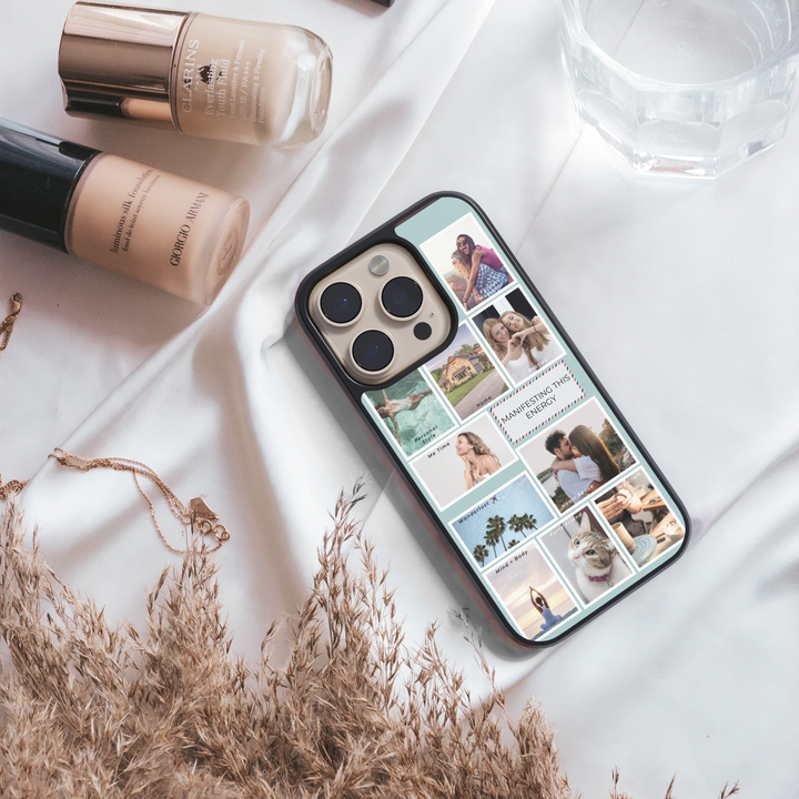 Custom photo collage phone case featuring romantic wedding images. Personalized iPhone or Samsung cover with 9-grid photo layout, perfect for newlyweds, anniversaries, or bridal gifts.