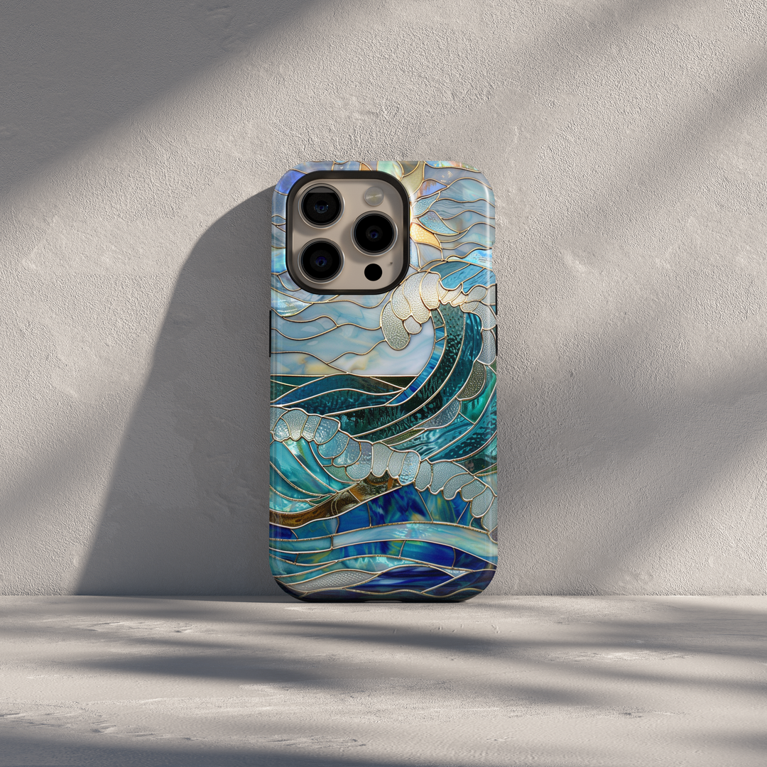 Stained glass ocean wave iPhone case with blue sea glass design