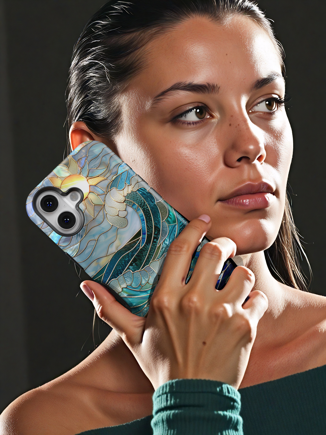 Stained glass ocean wave iPhone case with blue sea glass design