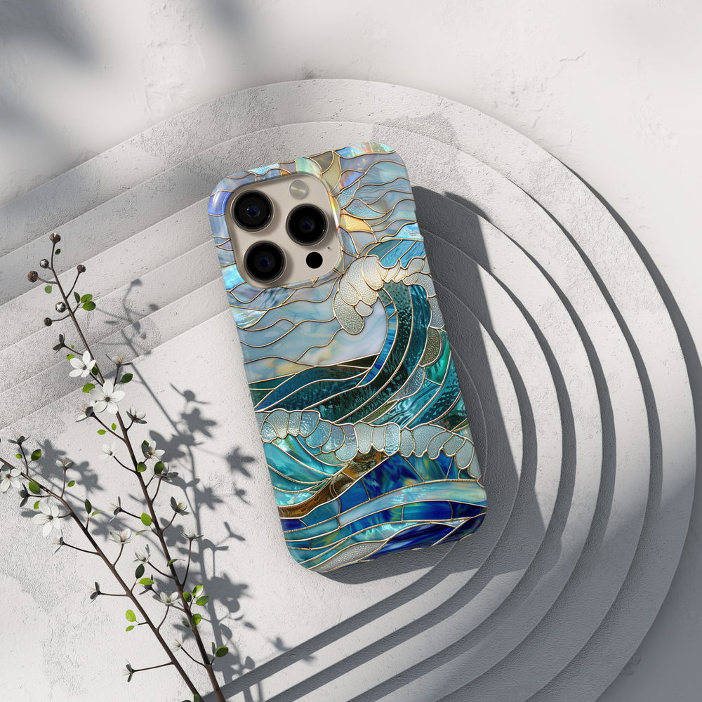 Stained glass ocean wave iPhone case with blue sea glass design