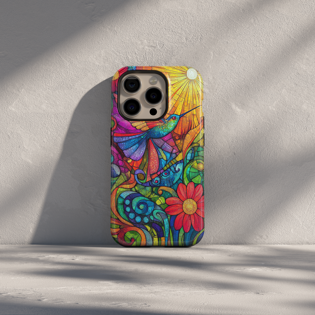 Colorful stained glass hummingbird iPhone case with floral mosaic artwork