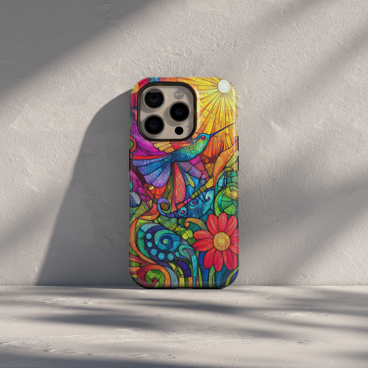 Colorful stained glass hummingbird iPhone case with floral mosaic artwork