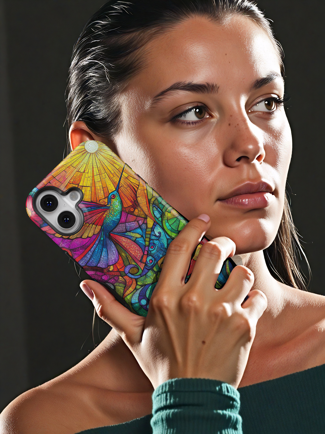 Colorful stained glass hummingbird iPhone case with floral mosaic artwork