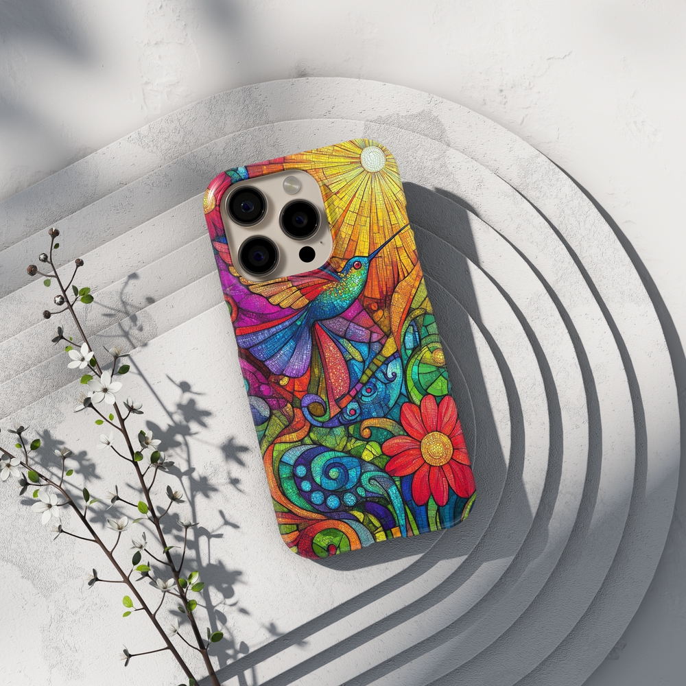 Colorful stained glass hummingbird iPhone case with floral mosaic artwork