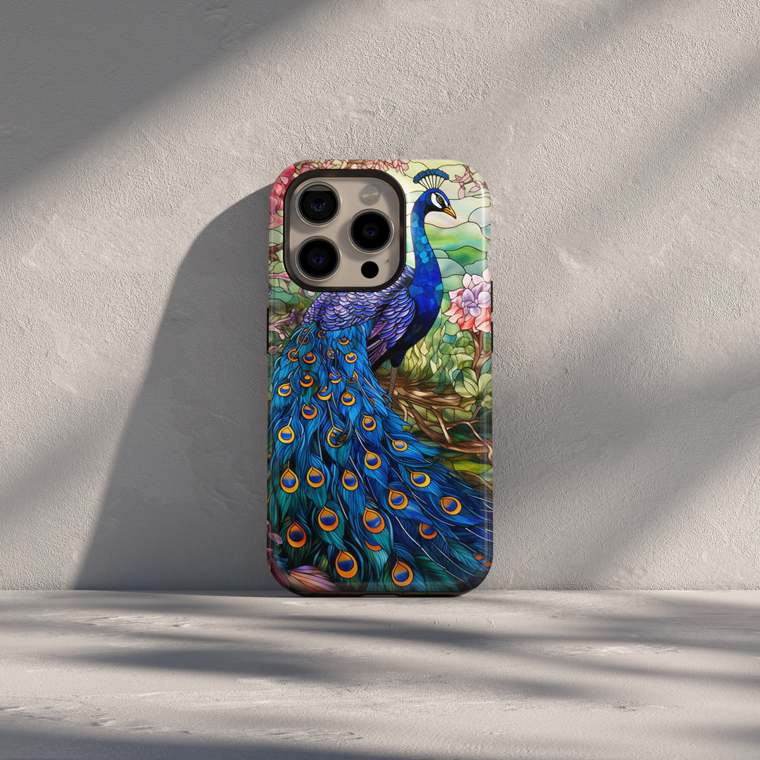 Stained glass peacock iPhone case with blue feathers and floral background