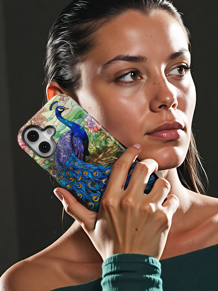Stained glass peacock iPhone case with blue feathers and floral background