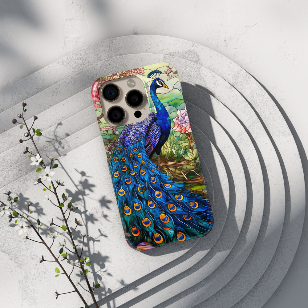 Stained glass peacock iPhone case with blue feathers and floral background