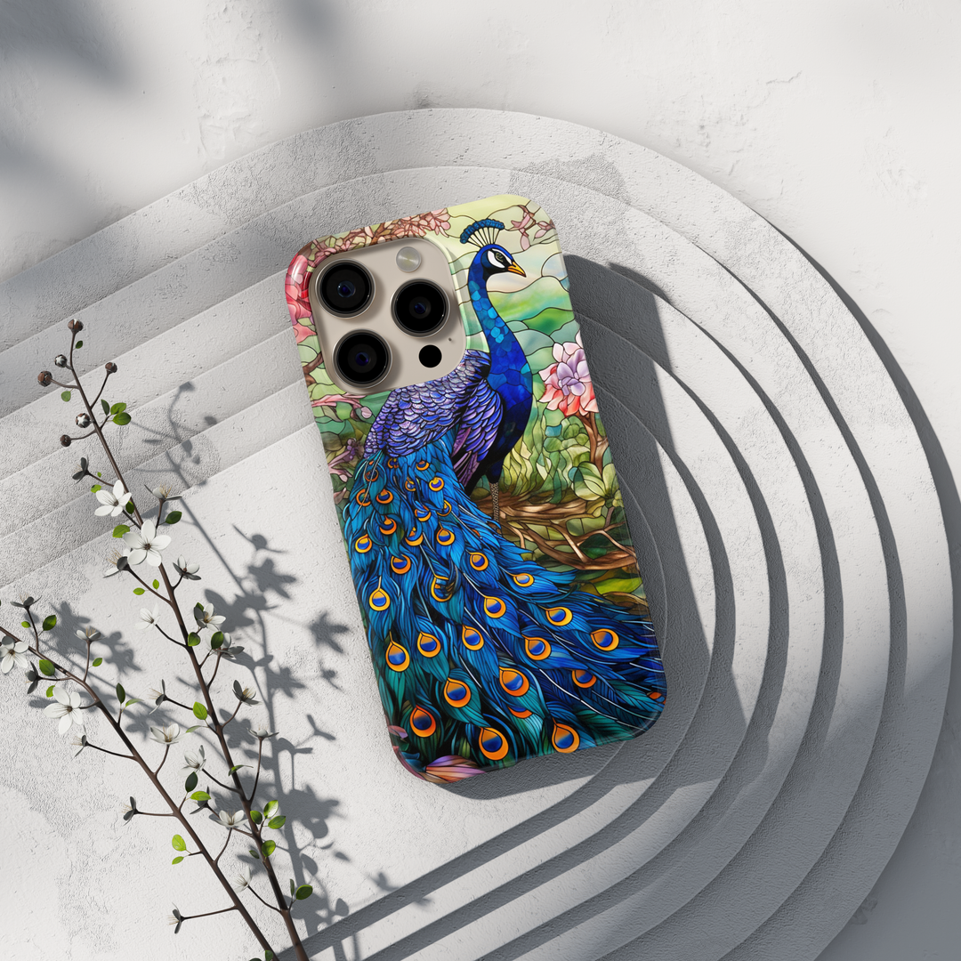 Stained glass peacock iPhone case with blue feathers and floral background