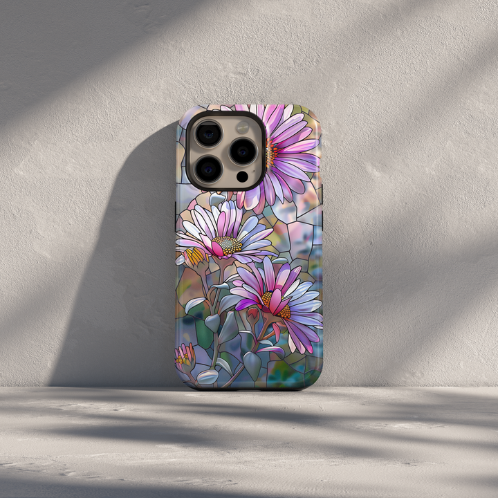 Pastel stained glass daisy iPhone case with pink and purple floral design