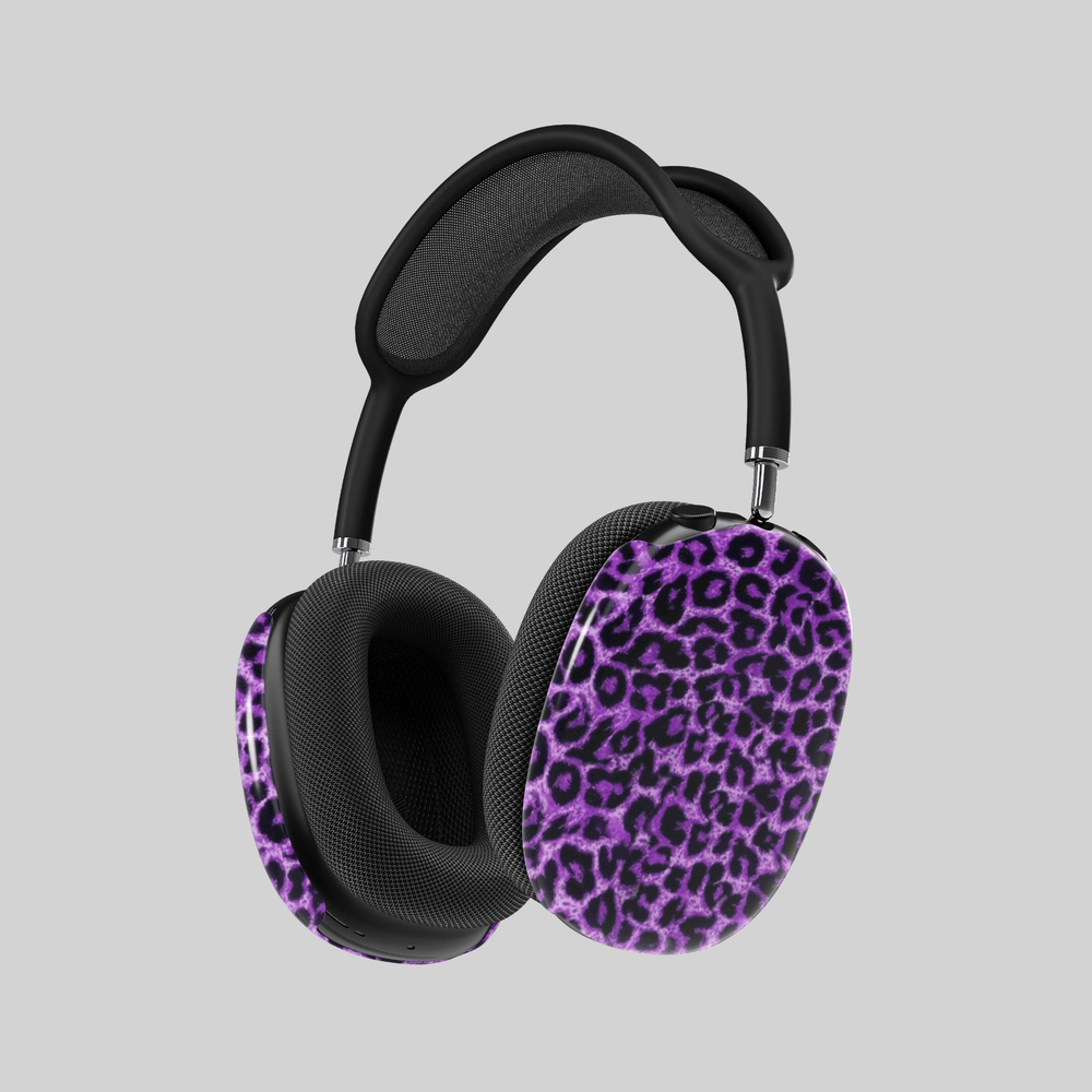 Purple leopard print AirPods Max cover, bold and wild animal print headphone skin for Apple AirPods Max, trendy girly tech accessory.