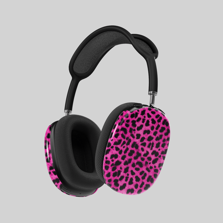 Hot pink leopard print AirPods Max cover, bold and wild animal print headphone skin for Apple AirPods Max, trendy girly tech accessory.