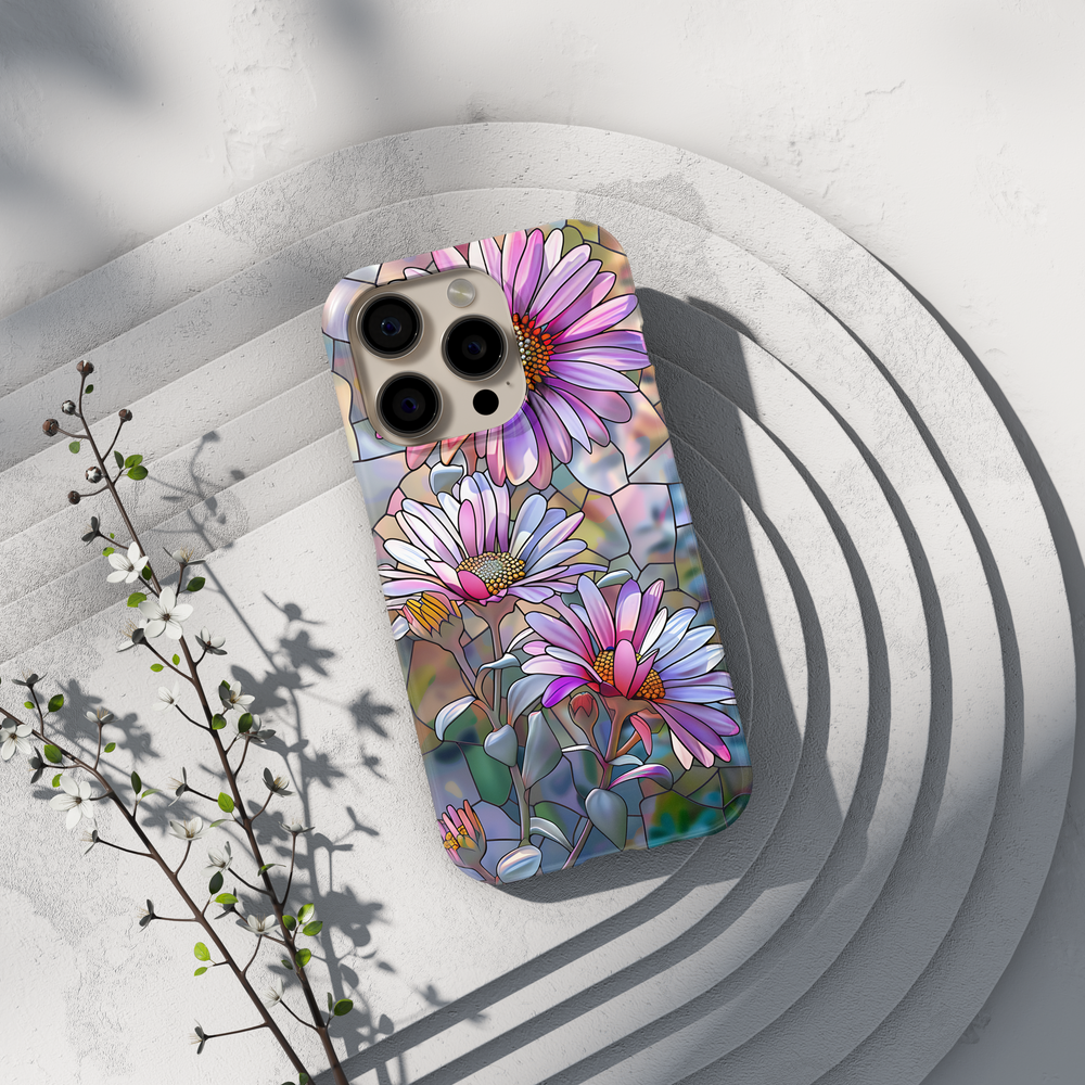 Pastel stained glass daisy iPhone case with pink and purple floral design