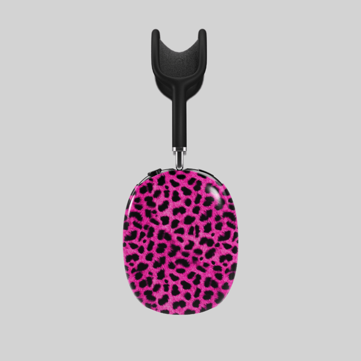Hot pink leopard print AirPods Max cover, bold and wild animal print headphone skin for Apple AirPods Max, trendy girly tech accessory.