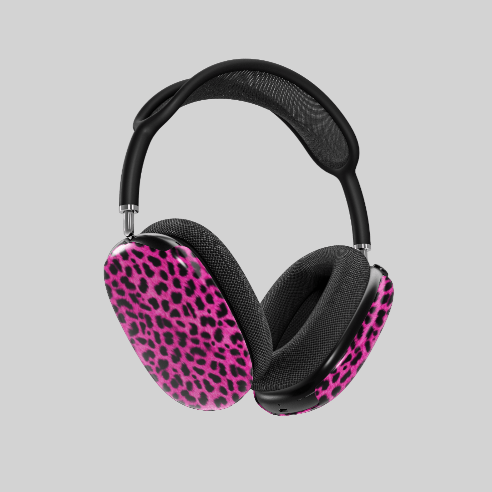 Hot pink leopard print AirPods Max cover, bold and wild animal print headphone skin for Apple AirPods Max, trendy girly tech accessory.