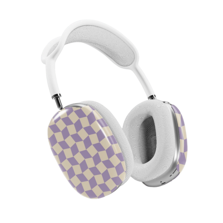 Lavender and cream AirPods Max cover with geometric cube pattern, modern retro headphone skin for Apple AirPods Max, stylish and trendy tech accessory.