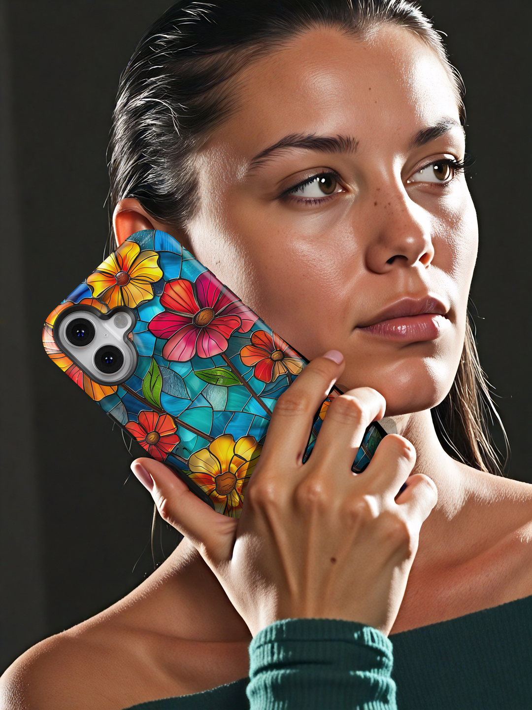 Colorful stained glass floral iPhone case with vibrant flowers and blue glass background