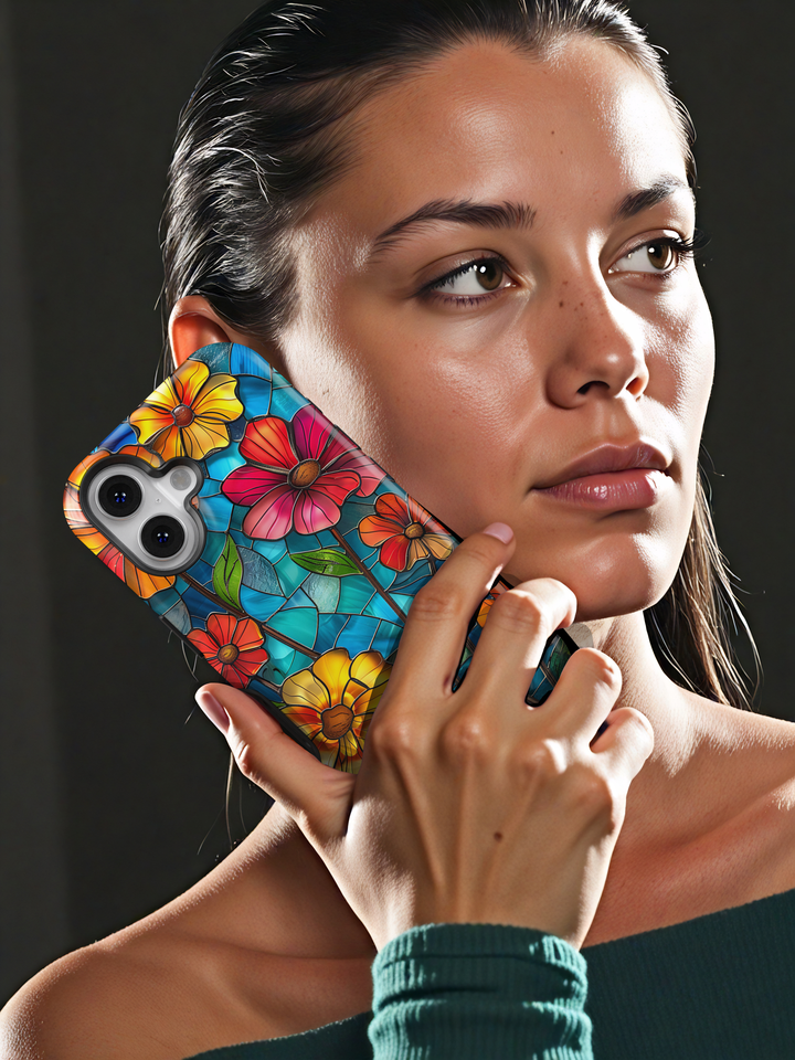 Colorful stained glass floral iPhone case with vibrant flowers and blue glass background