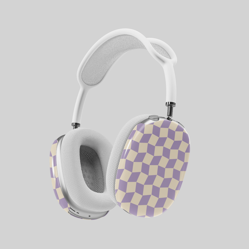 Lavender and cream AirPods Max cover with geometric cube pattern, modern retro headphone skin for Apple AirPods Max, stylish and trendy tech accessory.