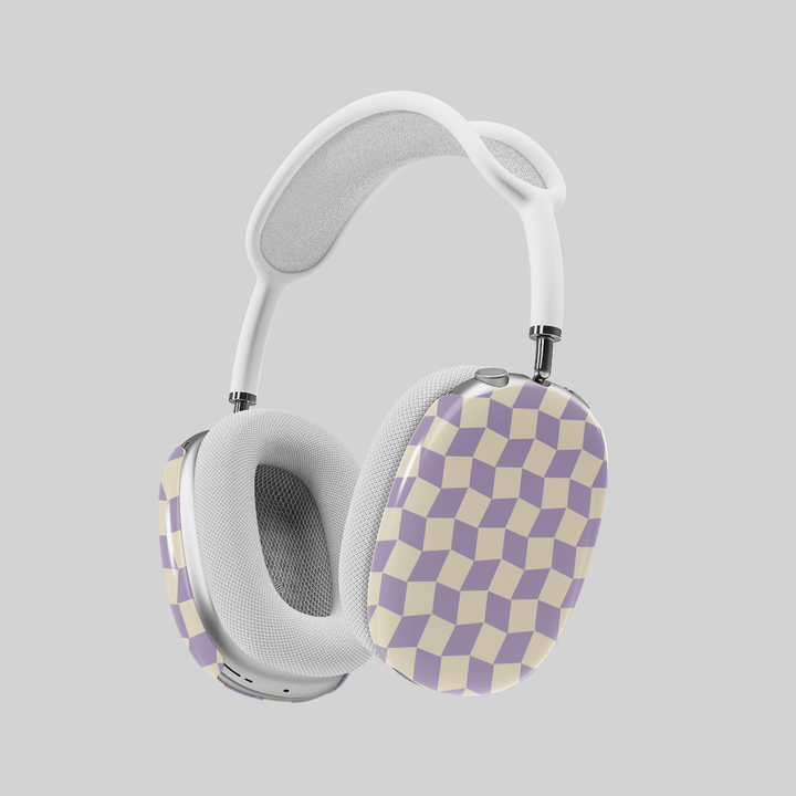 Lavender and cream AirPods Max cover with geometric cube pattern, modern retro headphone skin for Apple AirPods Max, stylish and trendy tech accessory.