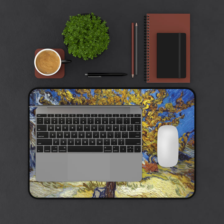 Vincent van Gogh Almond Blossom painting mouse pad and desk mat featuring turquoise blue background, white blossoms and flowering tree branches.