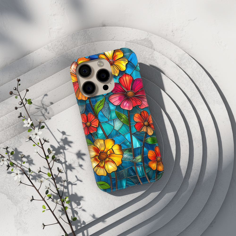 Colorful stained glass floral iPhone case with vibrant flowers and blue glass background