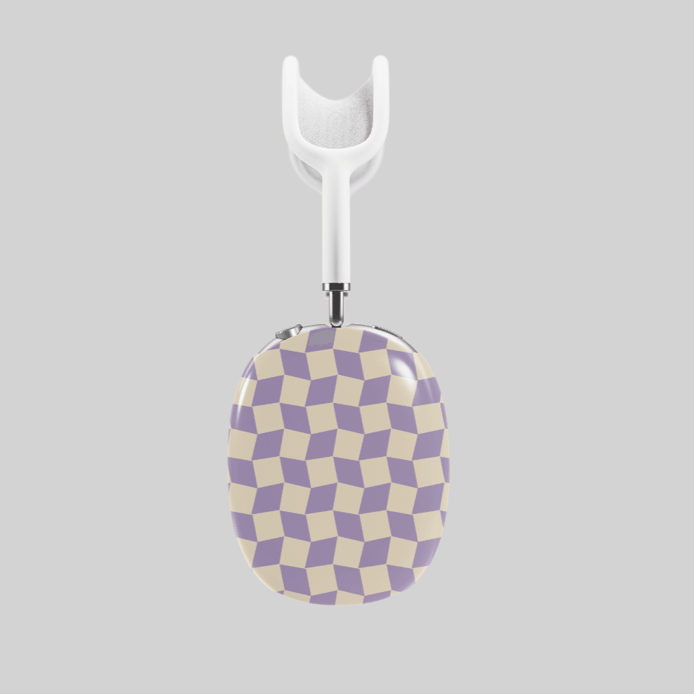 Lavender and cream AirPods Max cover with geometric cube pattern, modern retro headphone skin for Apple AirPods Max, stylish and trendy tech accessory.