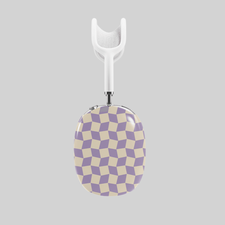 Lavender and cream AirPods Max cover with geometric cube pattern, modern retro headphone skin for Apple AirPods Max, stylish and trendy tech accessory.
