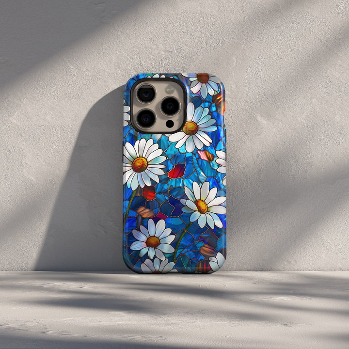 Stained glass daisy iPhone case with white daisies and blue glass background