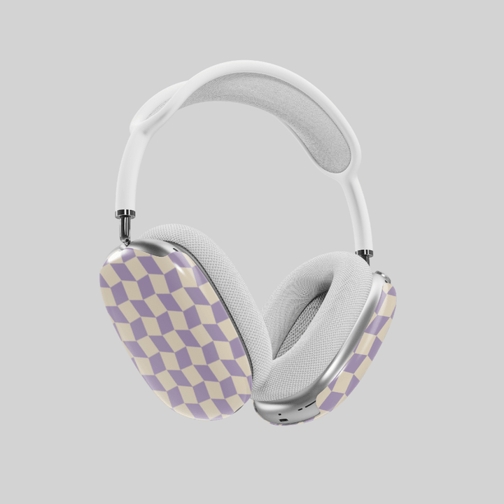 Lavender and cream AirPods Max cover with geometric cube pattern, modern retro headphone skin for Apple AirPods Max, stylish and trendy tech accessory.