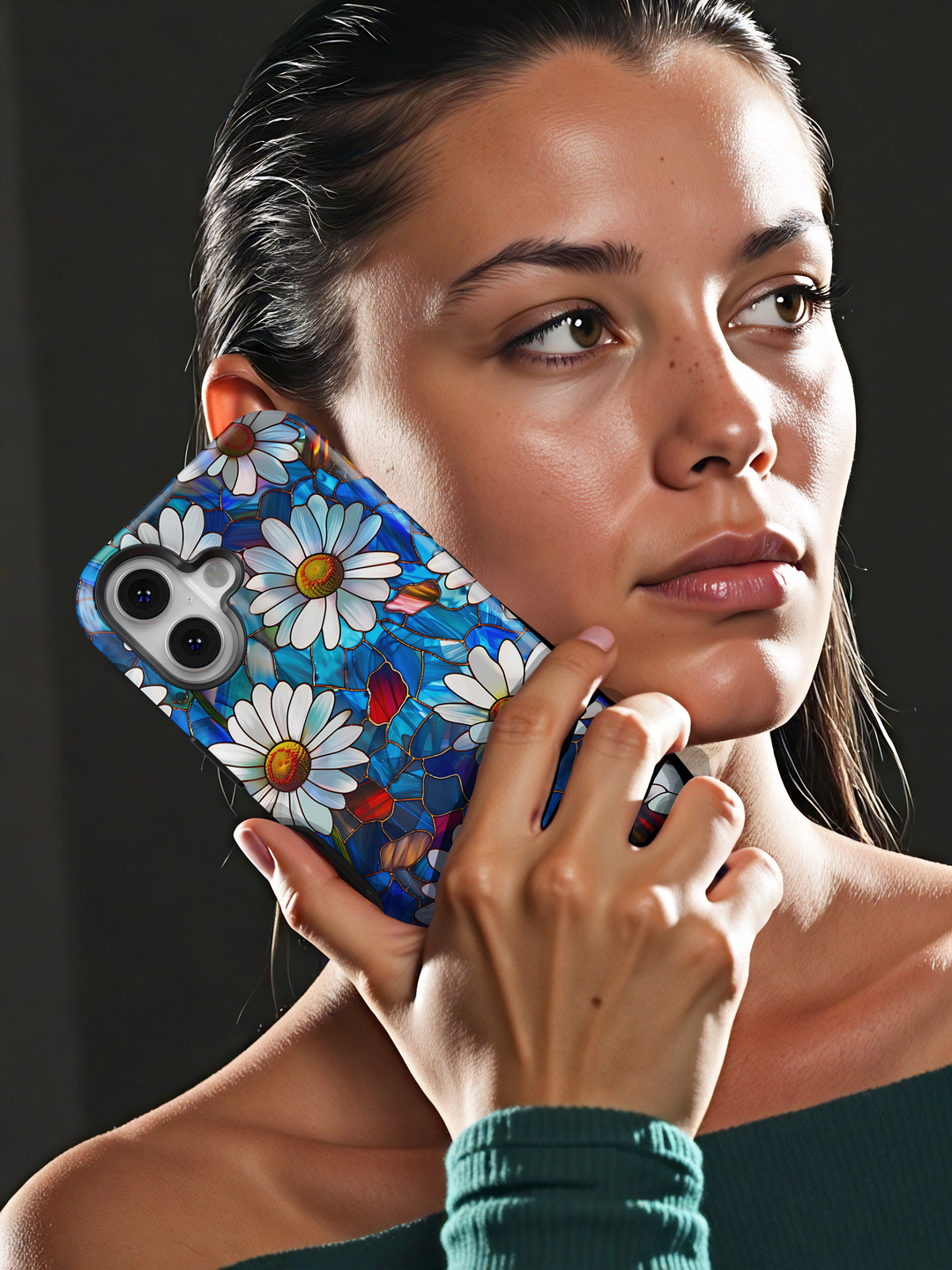 Stained glass daisy iPhone case with white daisies and blue glass background