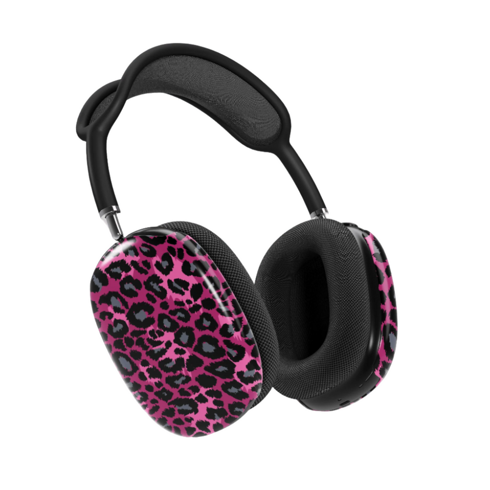 Hot pink and black leopard print AirPods Max cover, bold animal print headphone skin for Apple AirPods Max, fierce and trendy tech accessory.