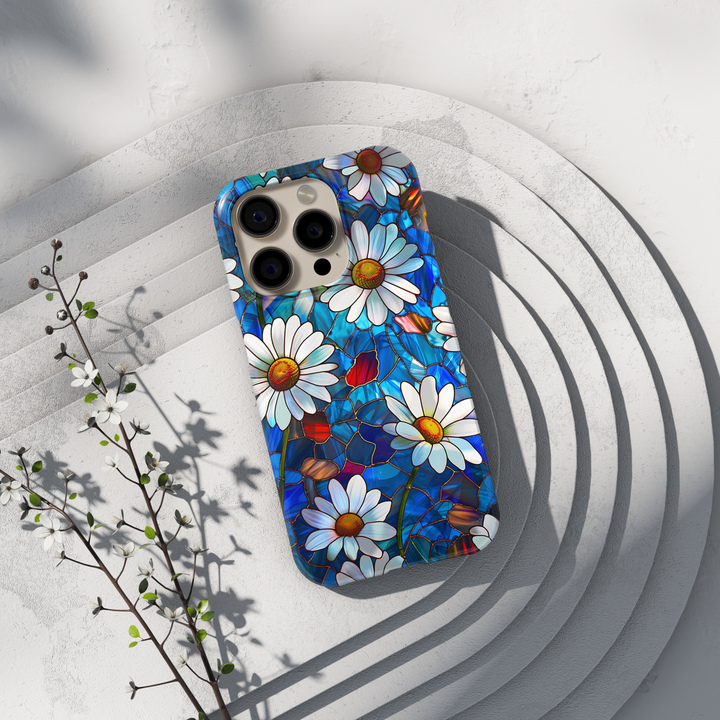 Stained glass daisy iPhone case with white daisies and blue glass background