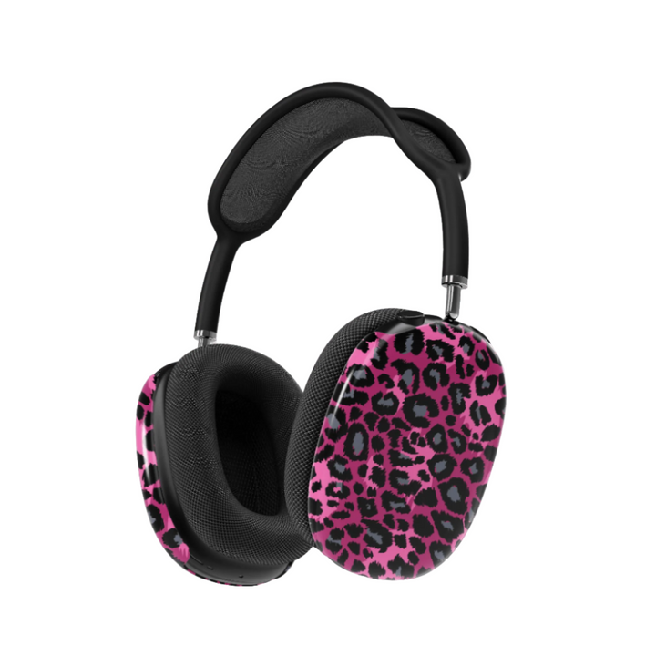 Hot pink and black leopard print AirPods Max cover, bold animal print headphone skin for Apple AirPods Max, fierce and trendy tech accessory.