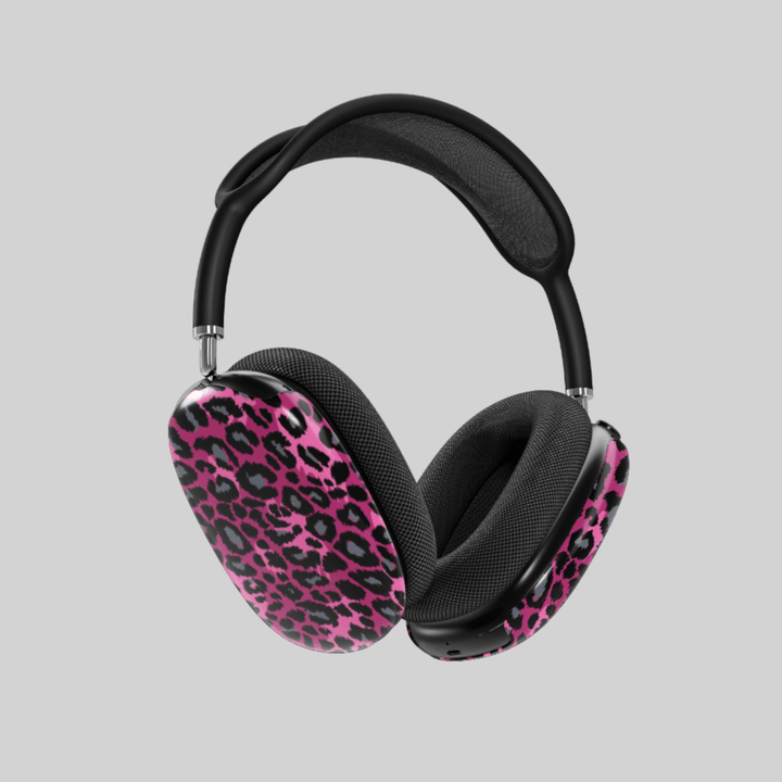 Hot pink and black leopard print AirPods Max cover, bold animal print headphone skin for Apple AirPods Max, fierce and trendy tech accessory.
