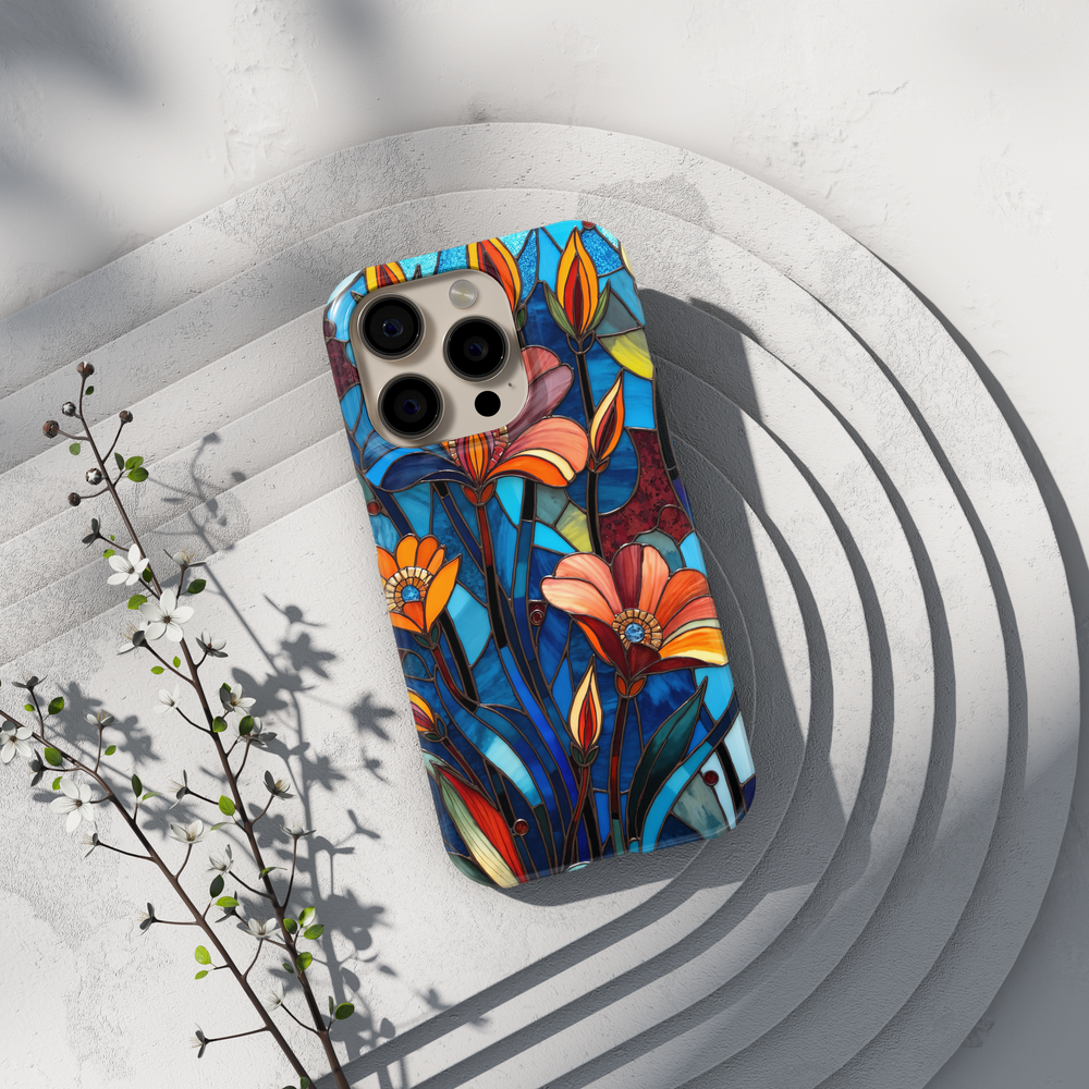 Stained glass floral iPhone case with blue background and orange wildflowers