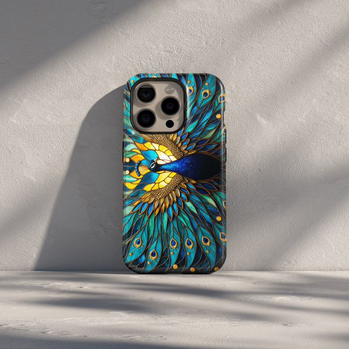 Stained glass peacock iPhone case with teal blue and gold feather design