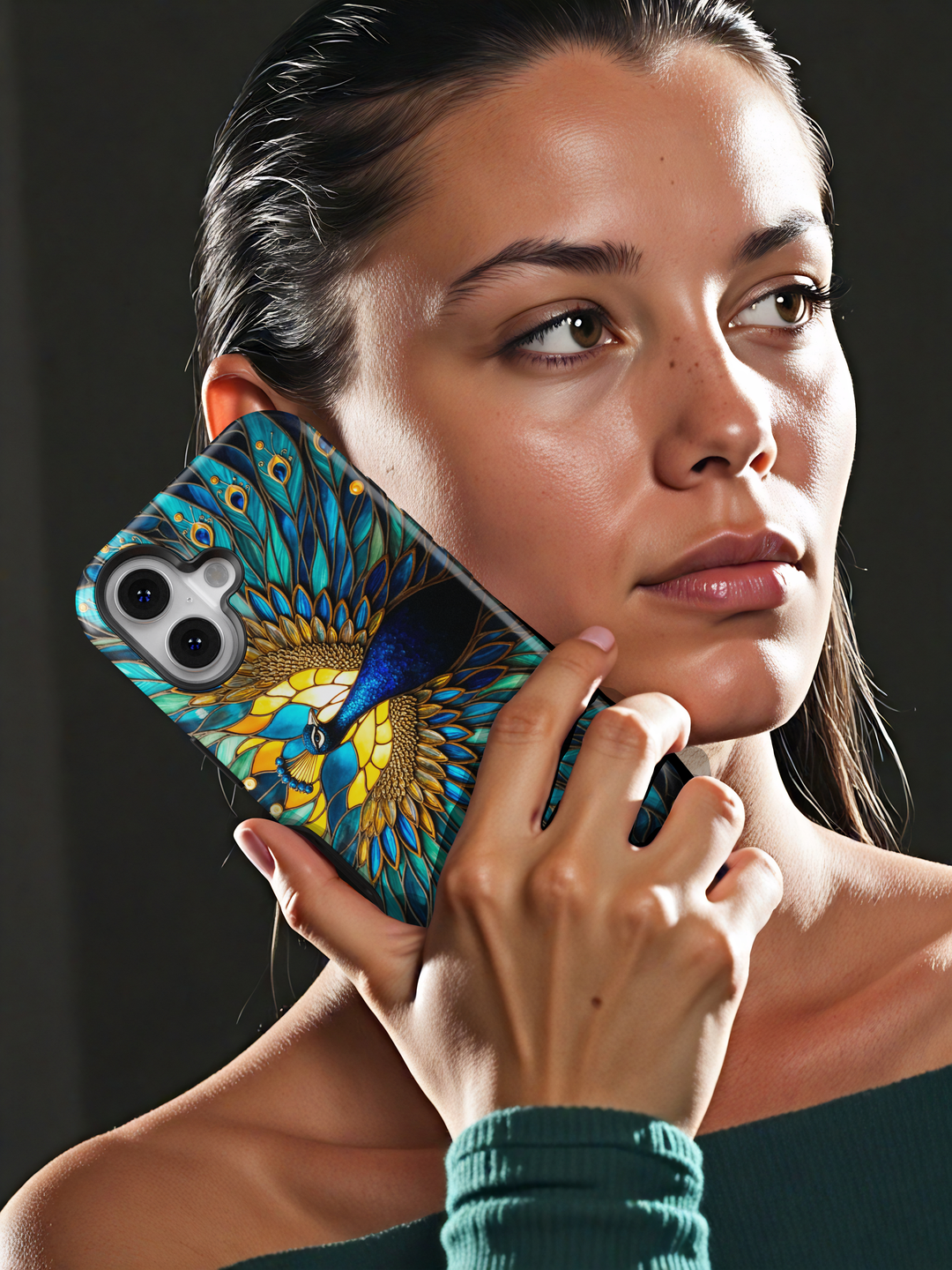 Stained glass peacock iPhone case with teal blue and gold feather design