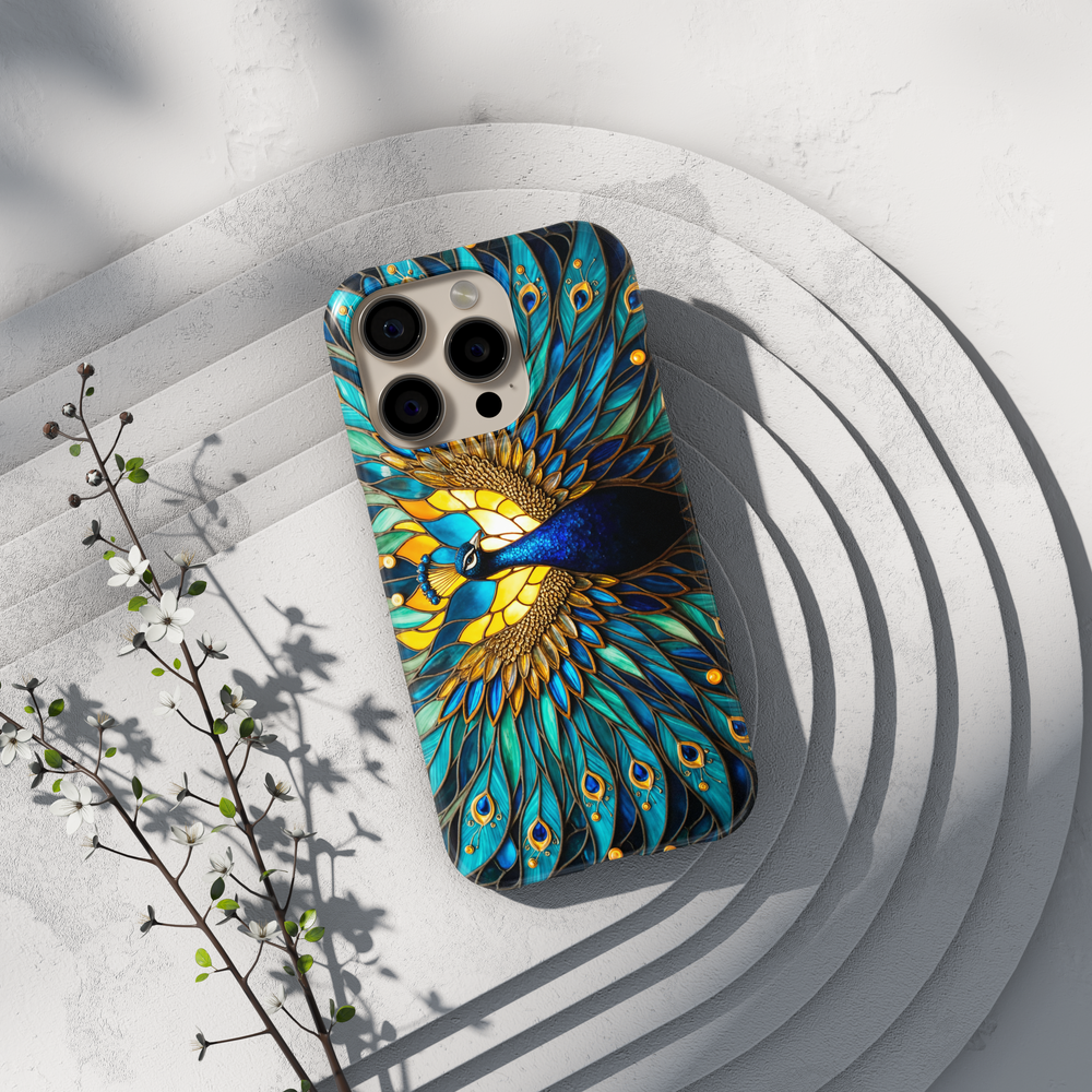 Stained glass peacock iPhone case with teal blue and gold feather design