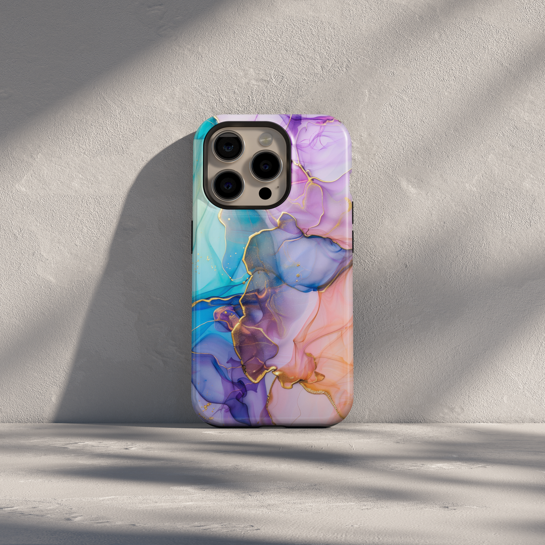Abstract pastel iPhone case with gold marble accents in lavender, teal, and peach tones